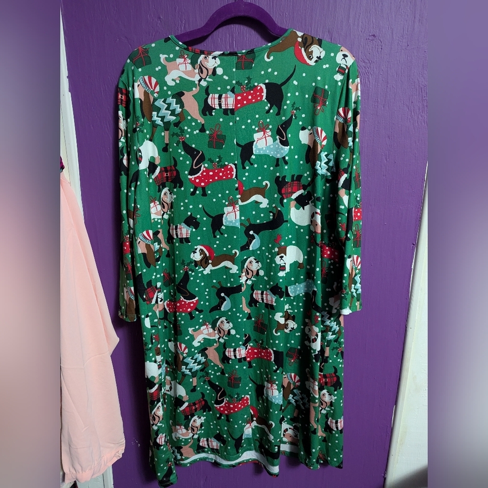 Dress Works Green White Holiday Dog Print Soft Long 3/4 Sleeve Dress XL 16 - Picture 4 of 4